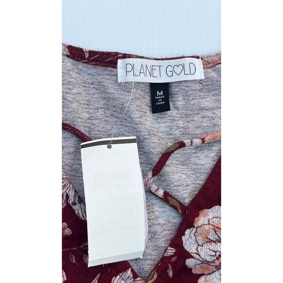 PLANET GOLD Women's Red Zinfandel Floral Long Sleeve Dress Size M Crisscross V-N - Picture 7 of 14